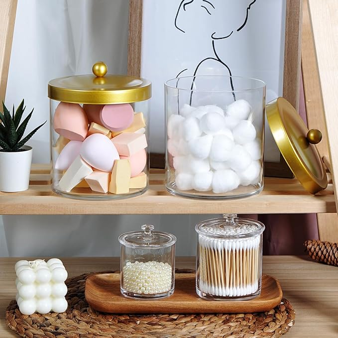 SheeChung 3 Pack 50 Ounce Large Clear Apothecary Jar with Gold Rust-Proof Lid - Shatterproof Plastic Storage Canister - Modern Luxury Bathroom Vanity & Laundry Room Organizer for Pods, Bath Salts