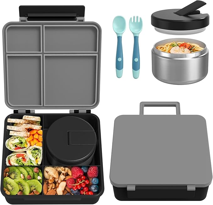 Bento Lunch Box with 8oz Soup Thermo, Kids Leakproof Lunch Food Containers with 4 Compartment, Kids Thermo Insulated Hot Food Jar for School, Trvael-Green