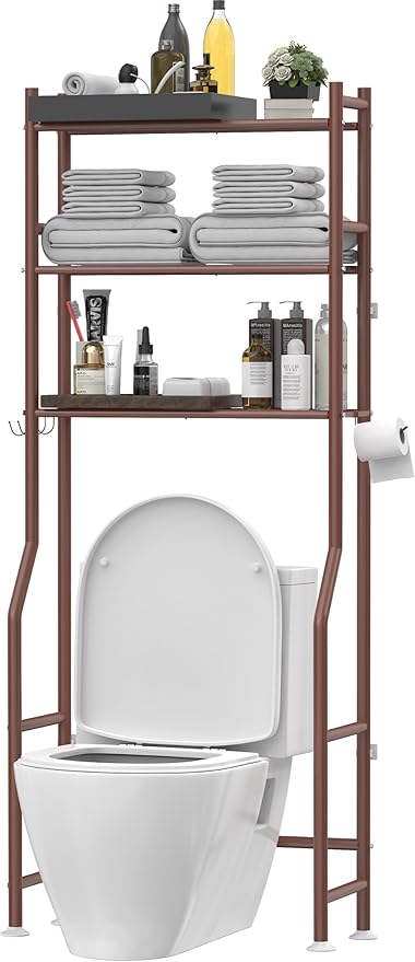 3-Tier Over The Toilet Storage, Freestanding Metal Bathroom Shelves with 4 Hooks, Over Toilet Storage Shelf with Paper Holder, Above The Toilet Shelf for Bathroom Storage, Bronze