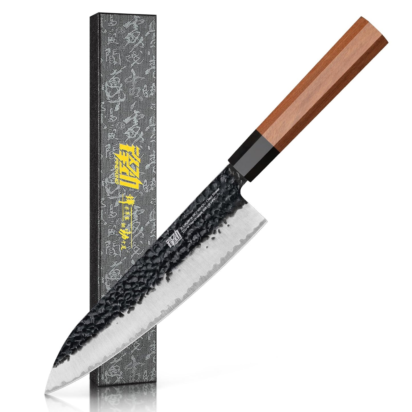FINDKING Serbian Chef Knife with Leather Sheath, 6.5 Inch High Carbon Steel Cleaver Knife, Hammered Blade, Octagonal Handle, for Meat, Vegetables, Poultry and Light Bones, Dynasty Series
