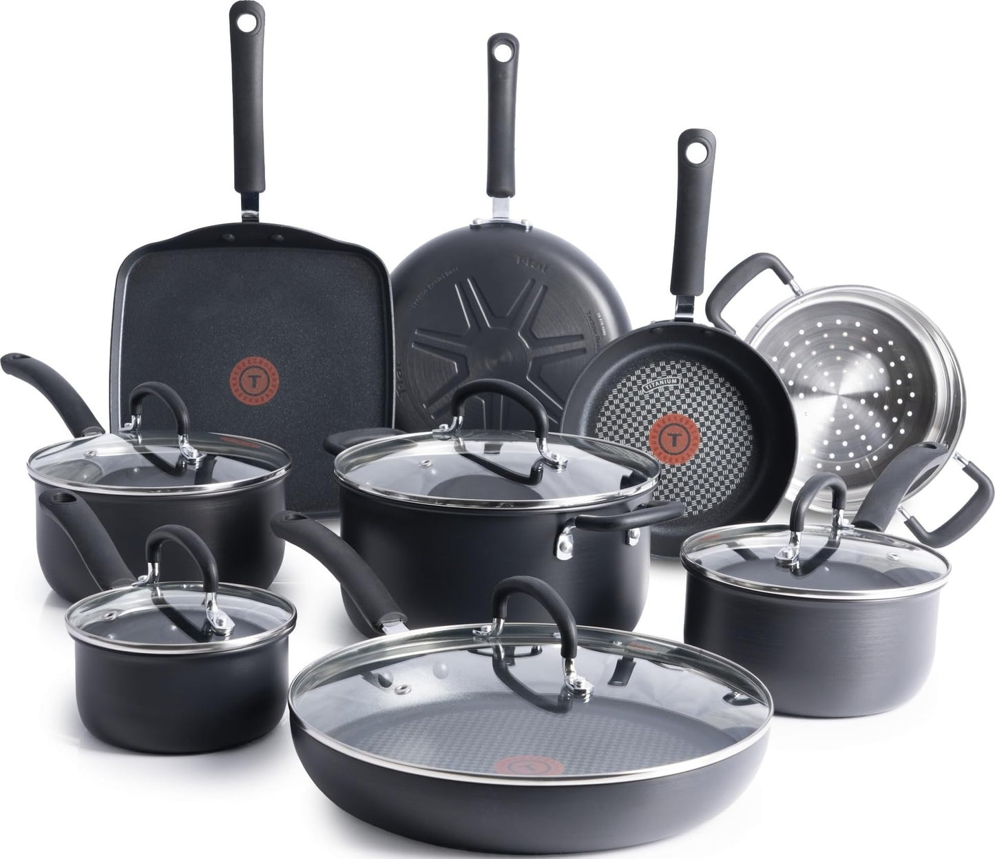 T-Fal Ultimate Hard Anodized Nonstick Pots and Pans Set 17 Piece, Nonstick Cookware Set with Fry Pan, Saucepans, Saute-Pan, Griddle, Dishwasher Safe, Onyx