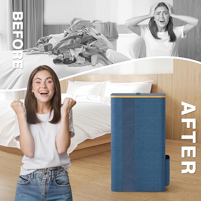 BlissTotes Laundry Basket with Lid, 100L Clothes Laundry Hamper with Handles and Removable Laundry Bag, Breathable Design Hamper with Lid for Bedroom, Bathroom, Dorm, Laundry Room - Light Blue