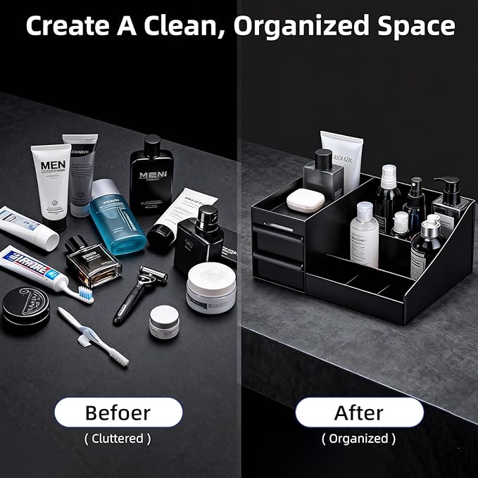 Cologne Stand Organizer for Men - Mens Organizer with Drawers, Perfume Organizer and Cologne Shelf for Bathroom Countertop Storage - Perfect Gifts for Men (Black)
