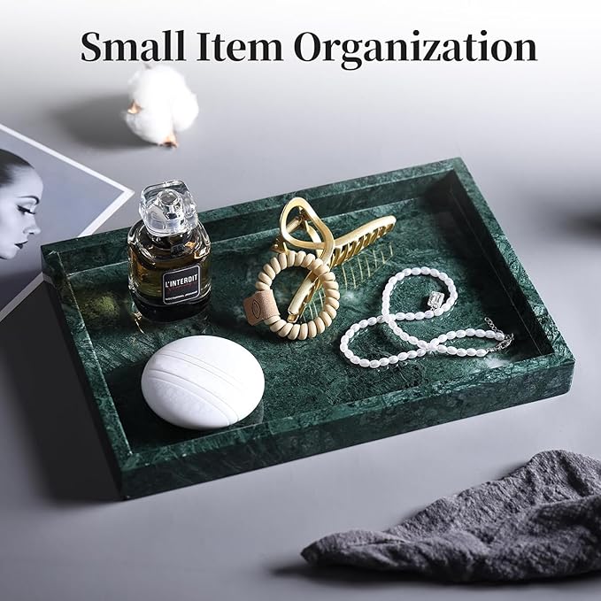 Real Natural Marble Tray for Bathroom, Genuine Marble Stone Vanity Tray, Luxury Storage Trays for Kitchen, Vanity, Home Decor, Dresser, Non-Resin/Non-Ceramic, 12"x 8"x 1.2", Dark Green