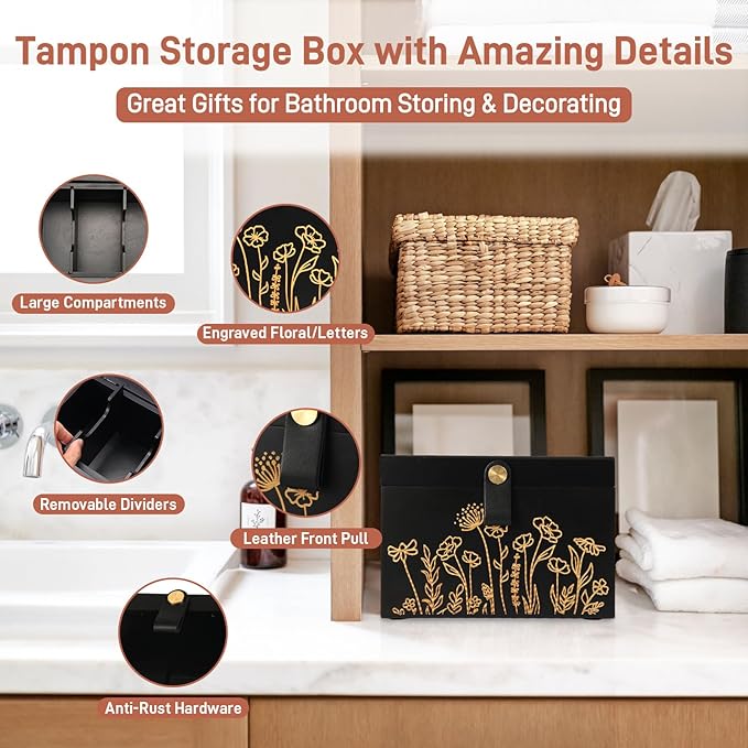 100% Solid Wood Tampon Holder Box with Lid, Copper Leather Pull, Absolute Real Wood Bathroom Decorative Box for Feminine Product Storage and Accessories such as Tampons, Cotton Balls, Gifts for Women