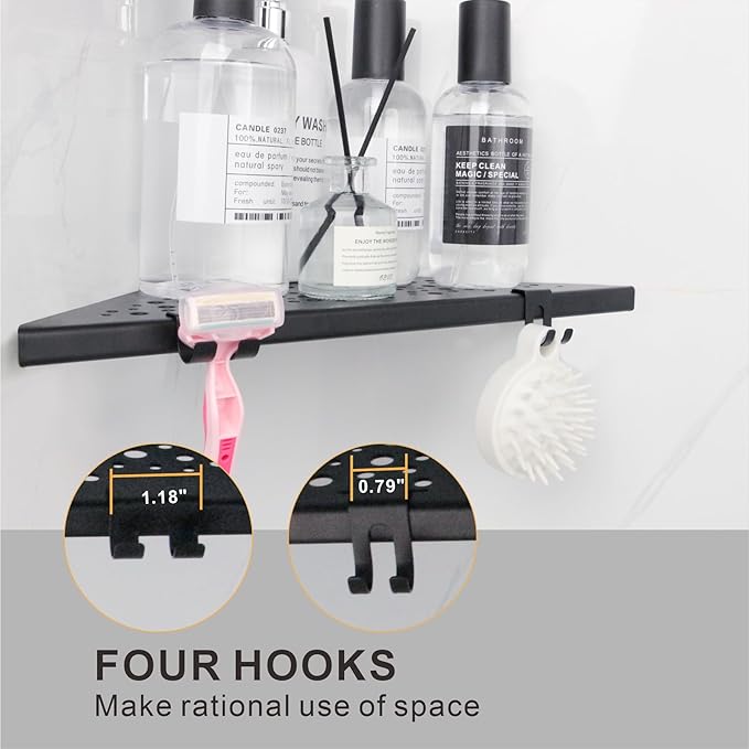 Corner Shower Shelf with 4 Hooks,10 Inch 304 Stainless Steel Recessed Bathroom Shelves,No-Drilling Installation for Tiled Wall,Matte Black, 2-Pack
