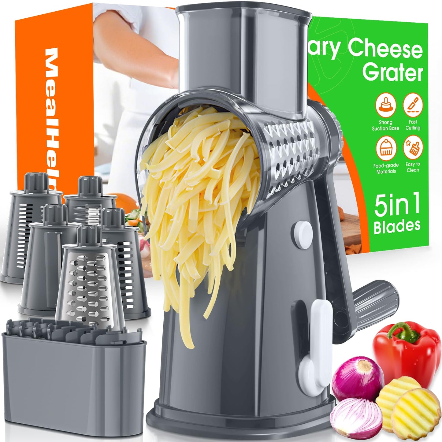 MealHelper 5 Blade Rotary Cheese Grater and Vegetable Chopper with Storage Box and Hand Crank, Compact Shredder for Cheeses, Veggies, Nuts - Easy to Use, Non-slip Suction Base,Black