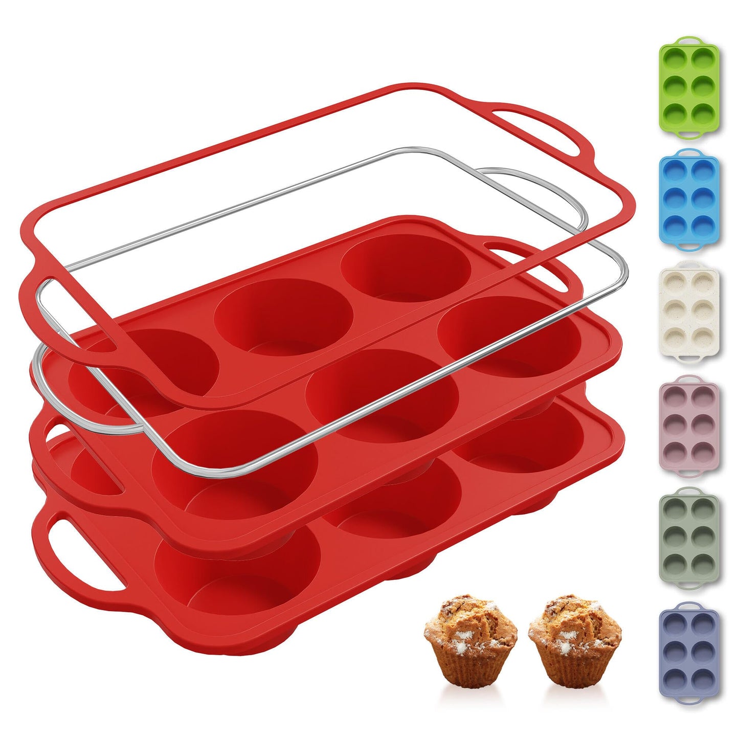 2 Packs 12 Cups Silicone Muffin Pan for Baking with Metal Reinforced Frame Regular Size Cupcake Pan Tray Chocolate Egg Pizza Bites Oven Top Cookie Molds Muffin Tin Tart Pans Sheet Set Bakeware Liner