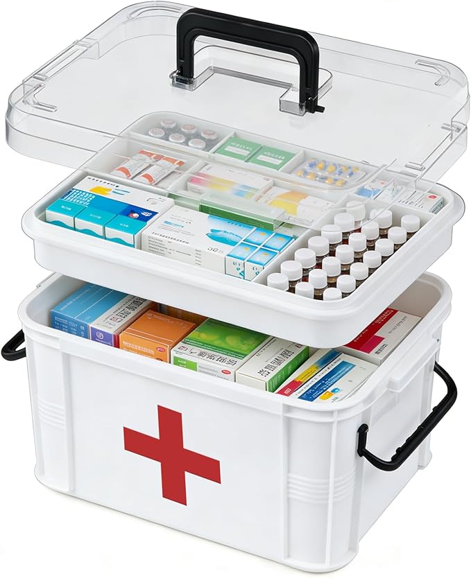 15QT Clear Medicine Organizer Box with Handle, Plastic Medicine Container with Tray First Aid Box Empty, Thickened Medicine Storage Organizer Multipurpose Medication Organizer Storage, White