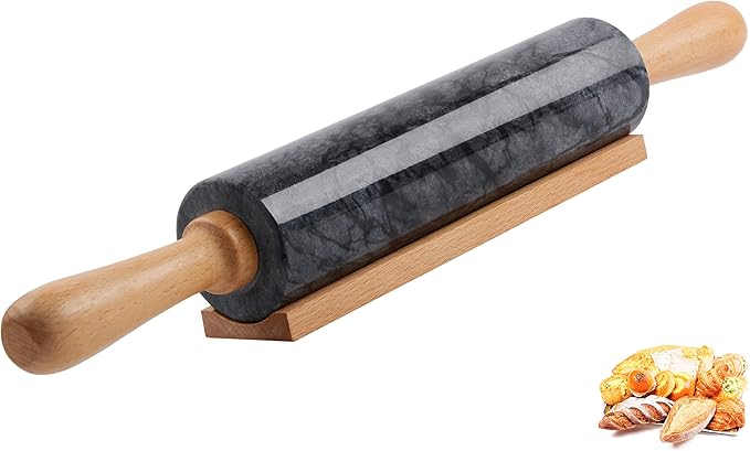 SIPARUI Marble Rolling Pin with Wooden Cradle Thick Handle Set for Baking,18.5 inch Premium Quality Polished Roller for Pizza Dough,Fondant,Pie Crust,Non-Stick Surface Easy to Clean(White)