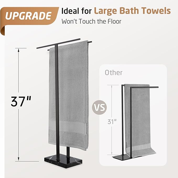 KES Black Towel Racks for Bathroom Freestanding, 37" Equal-Height Standing Towel Rack with Heavy Marble Base, Fits Large Bath Towel, 18/8 Stainless Steel, BTH229-BBK