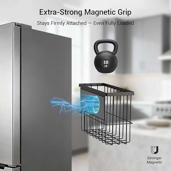 2 Pcs Magnetic Basket Fridge Dryer Ball Holder for Laundry Room Organization and Storage, Magnetic Lint Bin Home Organization for Laundry Room, Kitchen & Office Class School (Black, L&XL-2pcs)