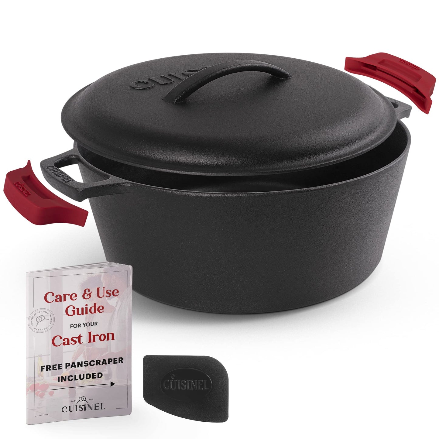 Cuisinel Cast Iron Dutch Oven - 7-Quart Deep Pot + Lid + Pan Scraper + Handle Covers - Large Pre-Seasoned Cooker for Baking Bread, Soup, Frying - Indoor/Outdoor Kitchen, Camping, Fire, BBQ Safe