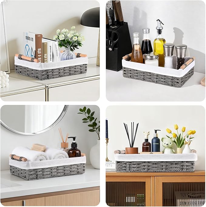 HomeHacks 2 Pack Storage Basket Paper Rope Baskets for Organizing with Handle Decorative Storage Bins for Countertop Toilet Paper Basket for Toilet Tank Top Small Baskets, Grey