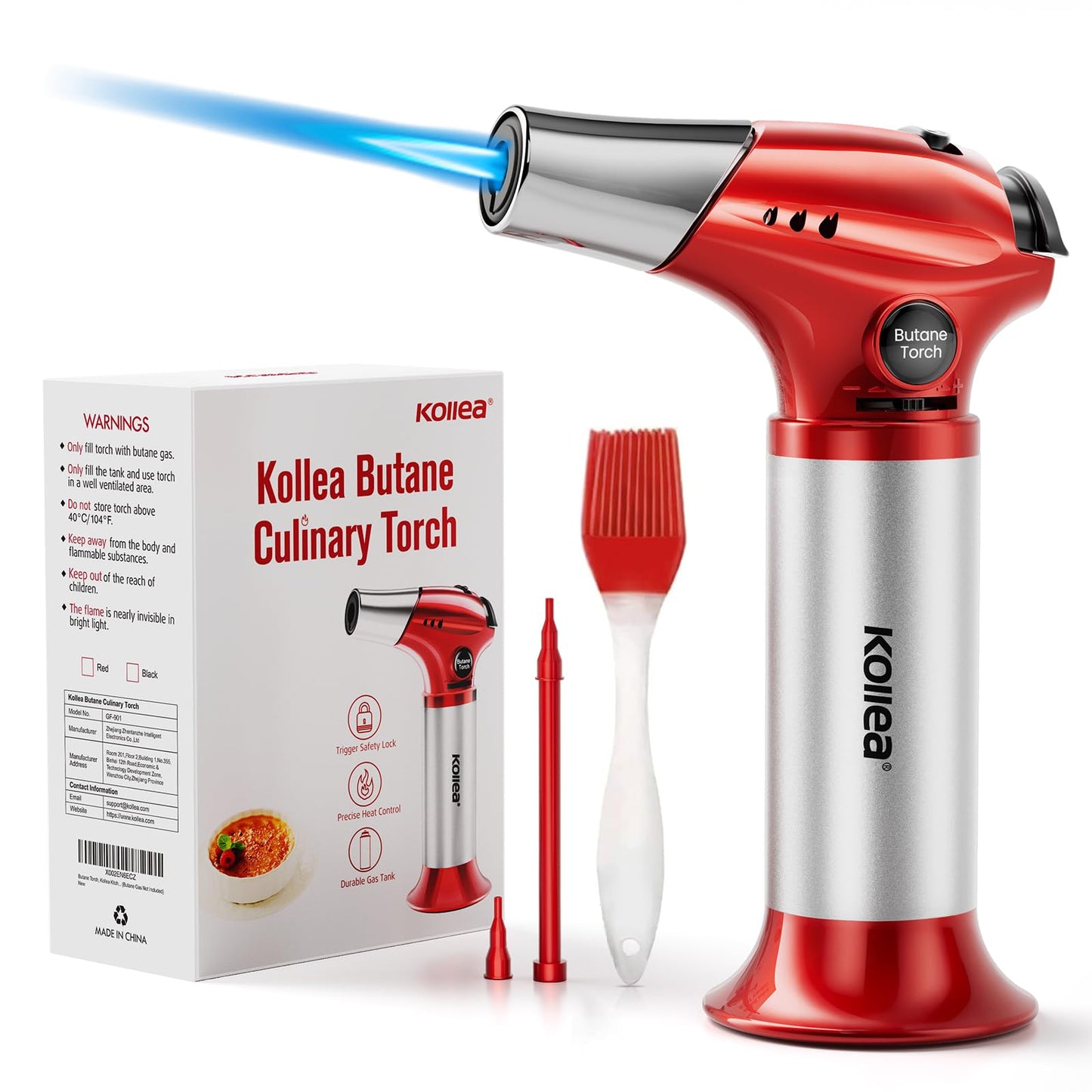Kollea Culinary Torch, Refillable Butane Kitchen Torch, Lock, Silver-Black