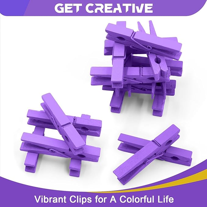 Colored Clothes Pins Wooden 100 Pack, Purple Clothespins Wood, Clothes Clips for Craft Shower Classroom, 2.9 Inch