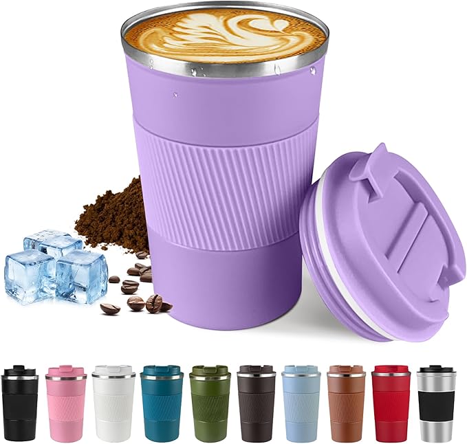 Vacuum-Insulated Stainless Steel Travel Coffee Mug, Leak-Proof Reusable Coffee Cup with Lid - Keep Hot & Cold Drinks for Hours, Durable Insulated Tumbler for Men & Women(3rd-Purple, 12OZ)