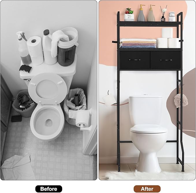 YBING Black Over The Toilet Storage Cabinet, Over Toilet Bathroom Organizer Freestanding, Above Toilet Storage Cabinet, Over Toilet Storage Shelf with Drawers