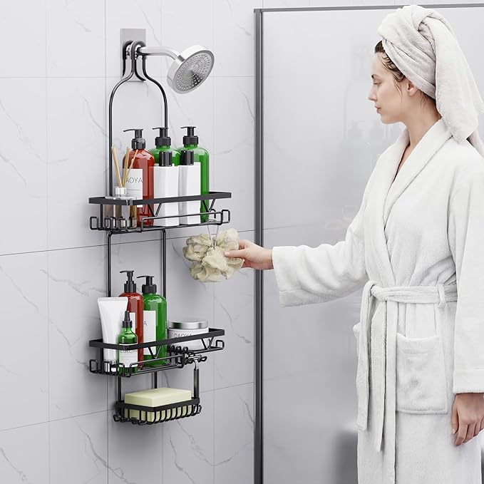 Shower Caddy Hanging, Anti-Swing Over Head Shower Caddy, Rustproof Bathroom Organizer with Soap Holder & Hooks