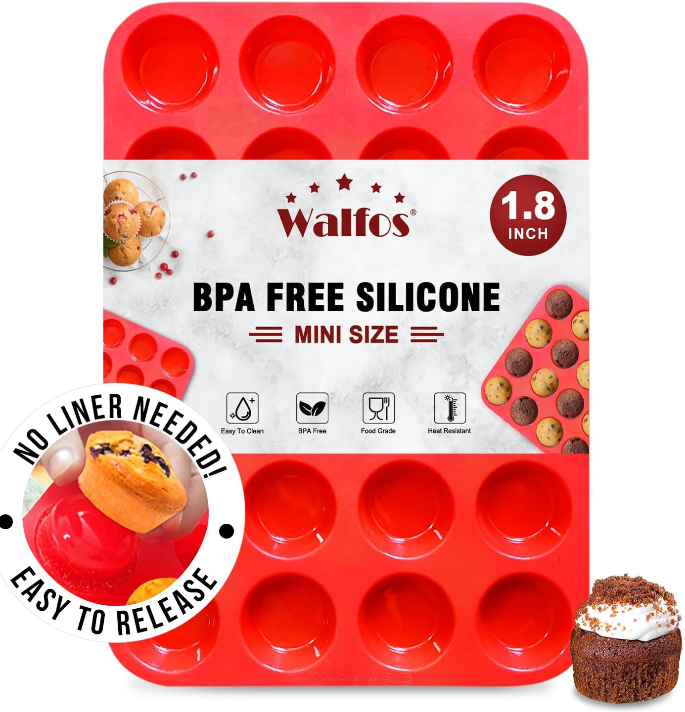 Walfos Silicone Muffin Pan - 12 Cups Regular Silicone Cupcake Pan, Non-stick Great for Making Muffin Cakes, Tart, Bread - BPA Free and Dishwasher Safe