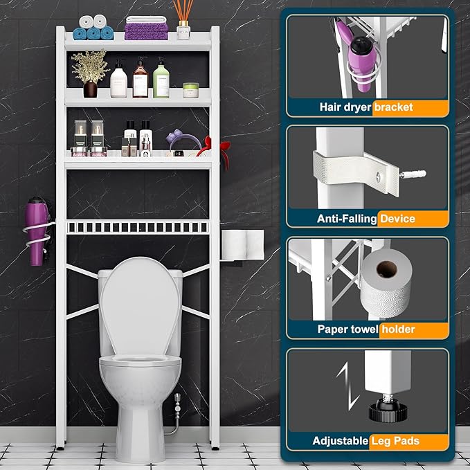 Over The Toilet Storage Cabinet,4 Tier Bathroom Organizer and Storage With Adjustable Shelf Waterproof Feet Pad and Basket Multifunctional Space Saver Freestanding Bathroom Shelves With Dividers White