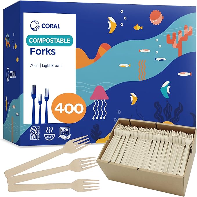 CORAL Light Brown 100% Compostable Spoons - 120 Heavy Duty No Plastic Spoons (6.5 inch) - Break Resistant with Smooth Edges, Ocean Friendly Alternative to Plastic Utensils - Biodegradable & Disposable