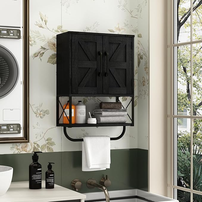 RUSTOWN Farmhouse Rustic Medicine Cabinet with Two Barn Door,Wood Wall Mounted Storage Cabinet with Adjustable Shelf and Towel Bar, 3-Tier Cabinet for Bathroom, Living Room(Black)