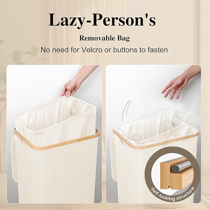 Large Laundry Hamper, 75L Waterproof Laundry Basket with Lid and Removable Bag, Collapsible Tall Clothes Hamper with Bamboo Handles for Clothes Toys in Dorm Bedroom Bathroom, Beige