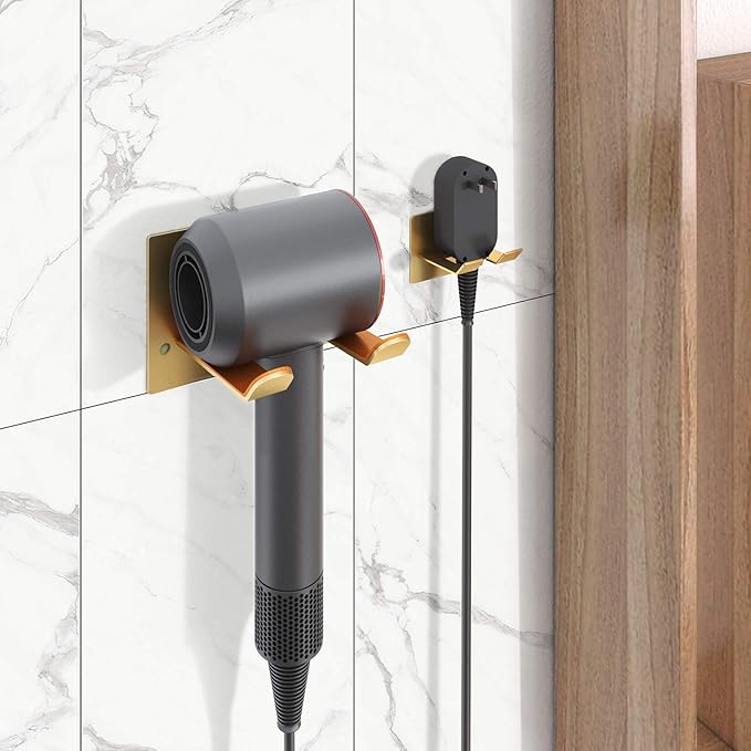 Adhesive Hair Dryer Holder - Stick on Wall or Wall Mount Bathroom Hair Blow Dryer Rack Organizer Compatible with Supersonic Hair Dryers (Gold)