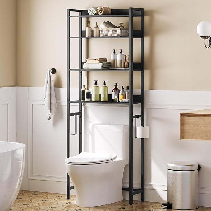 Over The Toilet Storage Rack, 4 Tier Bathroom Organizer Over Toilet, Freestanding Space Saver Toilet Stand with 2 Hooks, Bathroom Storage Shelf, Easy to Assemble, Black TSHB0401