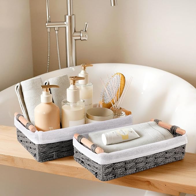 HomeHacks 2 Pack Storage Basket Paper Rope Baskets for Organizing with Handle Decorative Storage Bins for Countertop Toilet Paper Basket for Toilet Tank Top Small Baskets, Grey