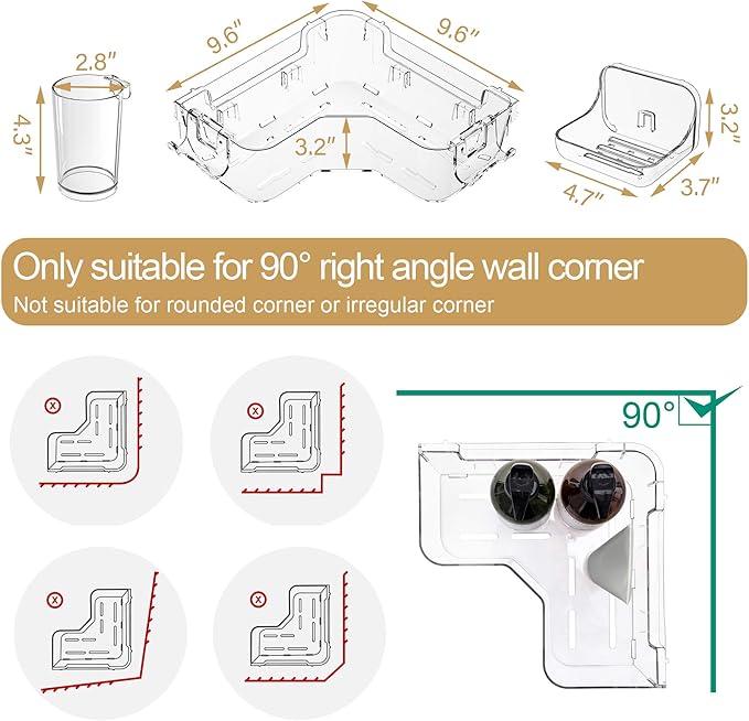 UDD Corner Shower Caddy, Clear Shower Organizer Bathroom Storage Rack with Soap Dish Hook and Hanging Cup, Adhesive Wall Shower Shelves for Bathtub Dorm, 4 Pack