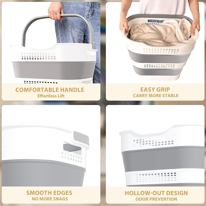 43L+43L Collapsible Laundry Baskets plastic, Pop Up Laundry hamper/Storage Container, Foldable Laundry Basket with Handles, Durable,Space Saver (Grey, 2 Packs)