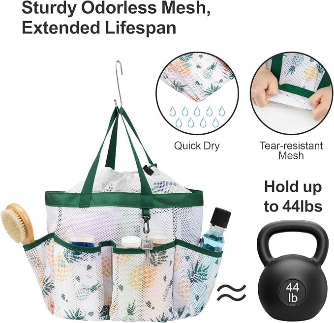 F-color Mesh Shower Caddy Portable with Drawstring - Large 8 Pockets Dorm Room Essentials for Guys Girls with S Hook, Shower Bag Basket Tote for College Camping Gym Travel Bathroom, Green Pineapple