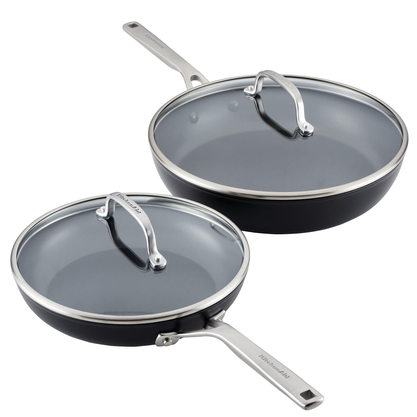 KitchenAid Hard Anodized Induction Nonstick Frying Pan Set With Lid, 3-Piece – 8 & 10 Inch Skillets, Durable, Even Heating, Dishwasher & Oven Safe, Easy-Clean, Matte Black