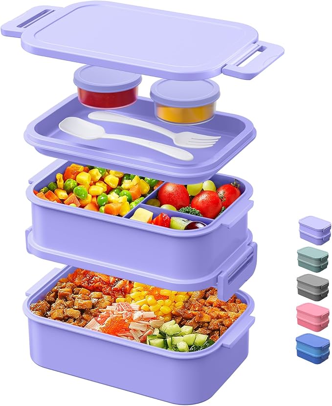 DaCool 2 Pack Adults Lunchbox Bento Box 74 OZ Stackable Lunch Box for Kids Adults Men Women Teens Leakproof Bento Large Lunch Box Container with Fork Spoon Sauce Box for School Work,Grey,Morandi-Green