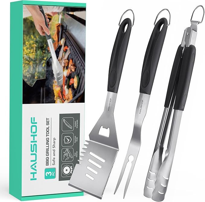 HAUSHOF Large Grill Accessories Heavy Duty BBQ Set Gifts for Men/Women - Premium Stainless Steel Spatula, Fork & Tongs, Barbecue Utensils Tool Kit Gift for Grilling Lover Outdoor