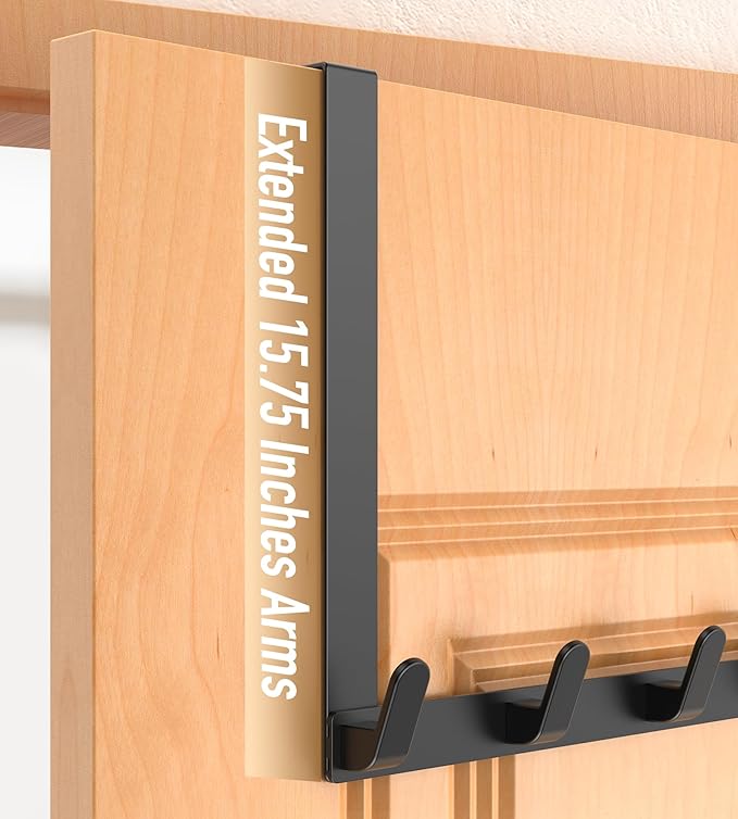 Long Over The Door Hooks with 15.75-inch Arms for Easier Access by Women, Heavy Duty Door Hanger for Winter Coat, L16U, Fits Standard 1 3/8'' Doors, Towel Racks Organization, Black