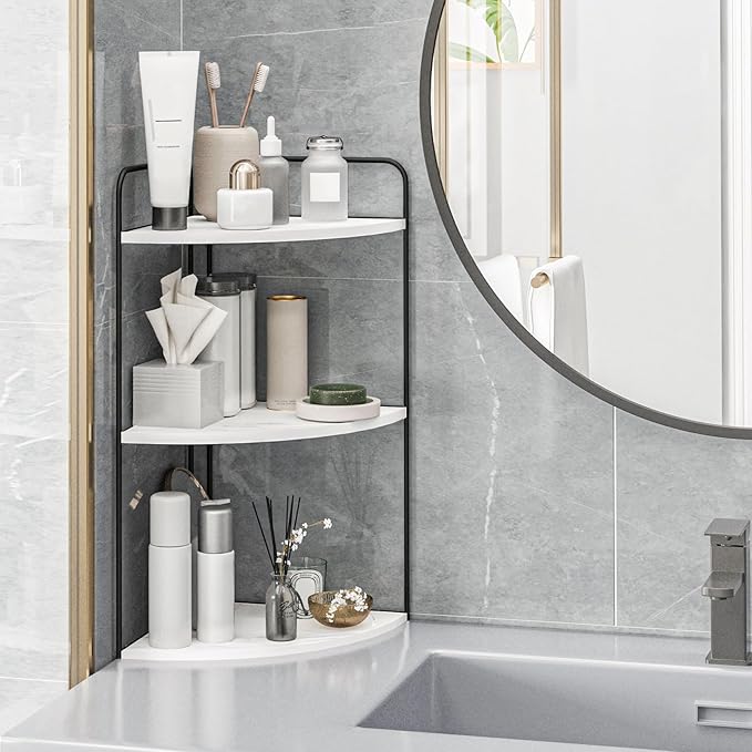 Bathroom Counter Organizer,Countertop Organizer,Vanity Organizers,Bathroom Storage,Bathroom Sink Caddy,Counter Shelf,Corner Counter,Corner Shelves(Black-White Marble)