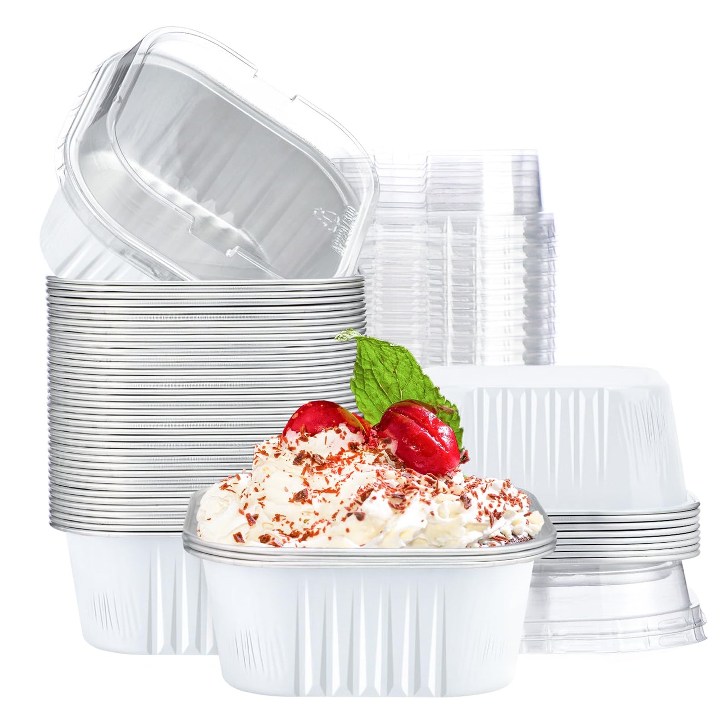 EUSOAR Creme Brulee Ramekins Disposable, 50pcs 10oz Cupcake Liners Foil Baking Cups with Lids, Aluminum Muffin Cups Square Dessert Wrappers Mini Cake Loaf Bread Pans for Wedding Birthday Party