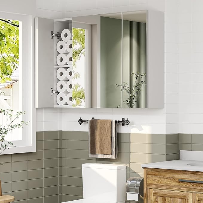 Medicine Cabinets Bathroom Mirror Cabinet with 3 Door 31.5x23.6 Inch Bathroom Wall Cabinet with Mirror Wall Mirror Storage Shelf with 3-Adjustable Shelves Storage Organizer Kitchen Cupboard,White