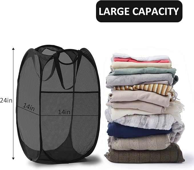 TECHMILLY Collapsible Mesh Pop Up Laundry Hamper with Sturdy Handles and Side Pocket - Portable Foldable Clothes Baskets for Dorm, Bathroom & Travel Storage (Black, 3 Packs)
