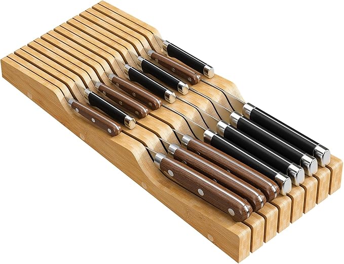 Bamboo In-Drawer Knife Block for 19 Knives(Not Included), Knife Drawer Organizer,Knife Holder Countertop,Block Knife Storage Organizer for Kitchen