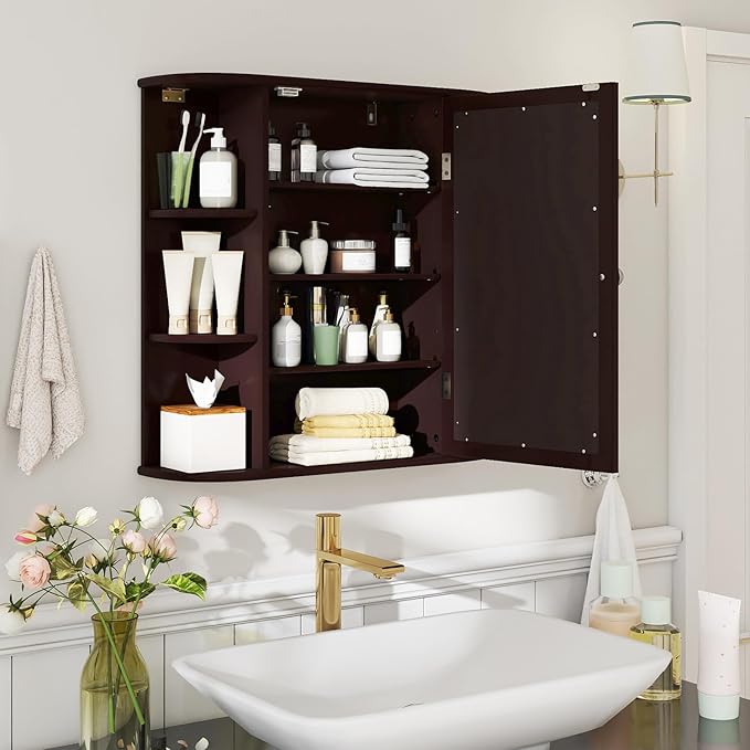Tangkula Bathroom Medicine Cabinet with Mirror, Modern Wall Mounted Space-Saving Storage Organizer with Mirrored Door, 4 Internal Shelves & 6 Open Side Shelves, Bathroom Wall Cabinet (Coffee)
