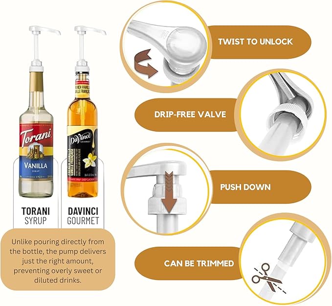 Syrup Pump Compatible with Torani, Davinci and Skinny (Set of 2) - fits Bottles (25.4 oz-750ml) (White)