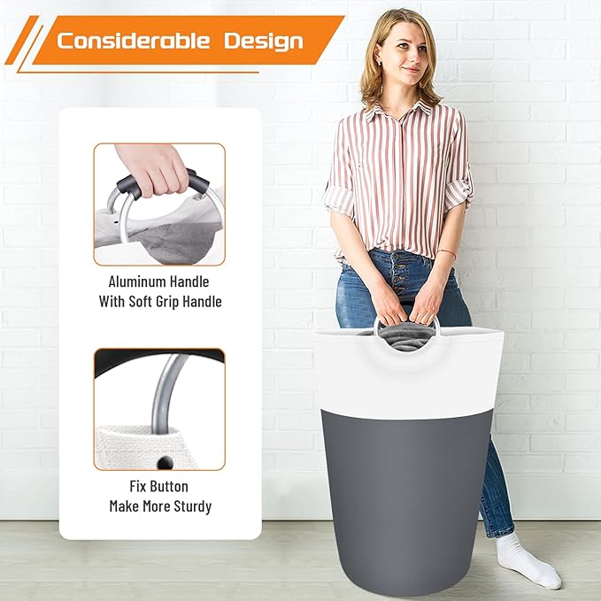 BlissTotes Laundry Basket, Laundry Hamper, Collapsible Laundry Baskets, Dirty Clothes Hamper, Waterproof Laundry Basket with Foam Protected Aluminum Handles for College Dorm, Family 90L (Gray)