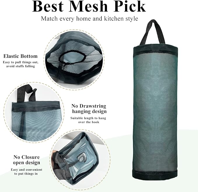 TOGETRUE Plastic Bag Holder, Mesh Grocery Bag Holder Hanging Storage Bag Dispenser (Dark Green 2 Packs)