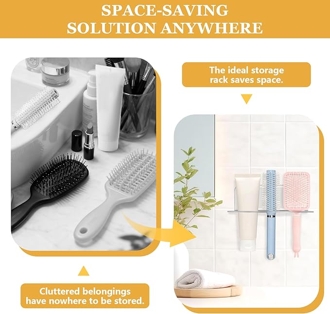 2-Pack Acrylic Hair Brush Holder Wall Mounted, Bathroom Organizer with Industrial Adhesive for Combs, Round Brushes, Hair Tools, Space Saving Design (Transparent)