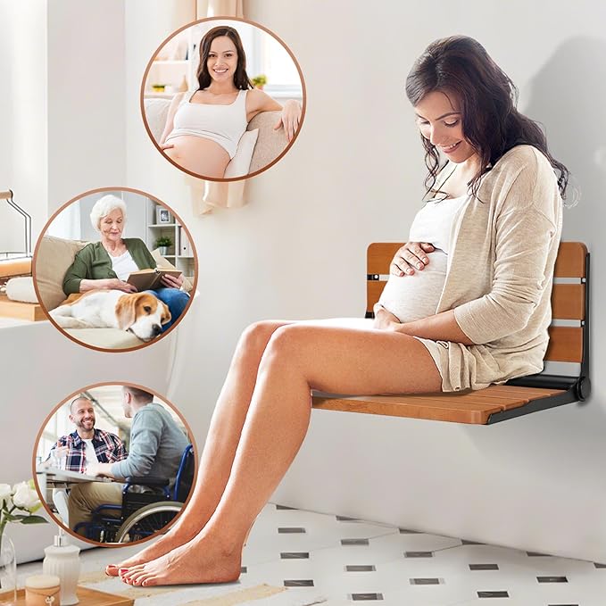 Foldable Shower Seat Wall Mounted, Folding Shower Bench for Small Shower Spaces, 400lbs Max Load for Inside Shower, 16"