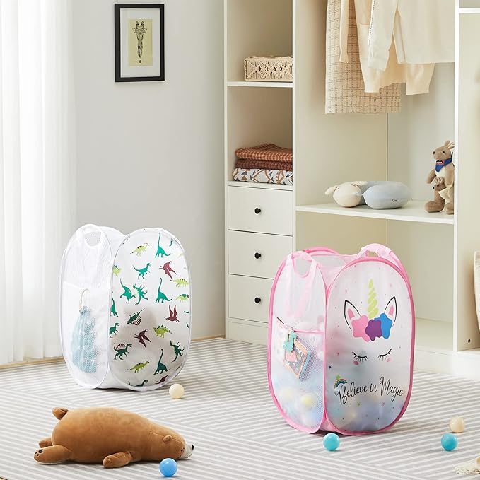 TECHMILLY Collapsible Mesh Pop Up Laundry Hamper with Sturdy Handles and Side Pocket - Portable Foldable Clothes Baskets for Dorm, Bathroom & Travel Storage (Unicorn)